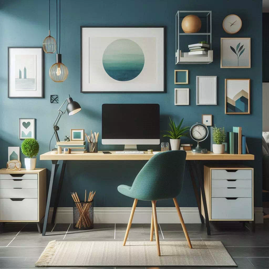 home office Ideas - Parete dipinta in tonalità verde pastello, con accessori colorati su una scrivania moderna