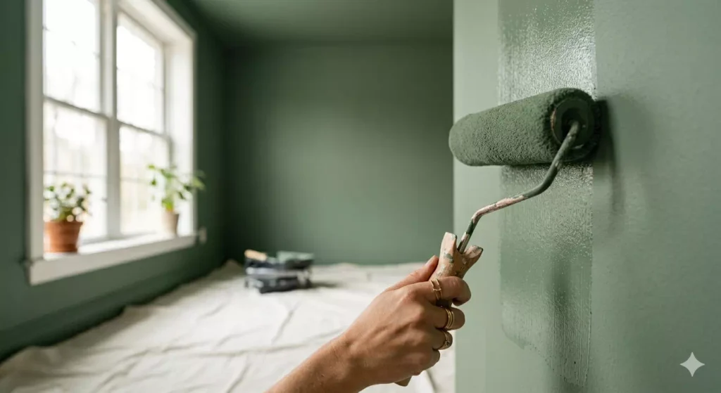 applicare colour drenching rullo pittura parete verde salvia guida pratica fai da te