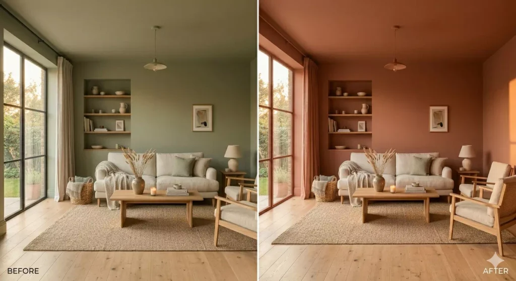 before after colour drenching camera da letto terracotta trasformazione pareti soffitto