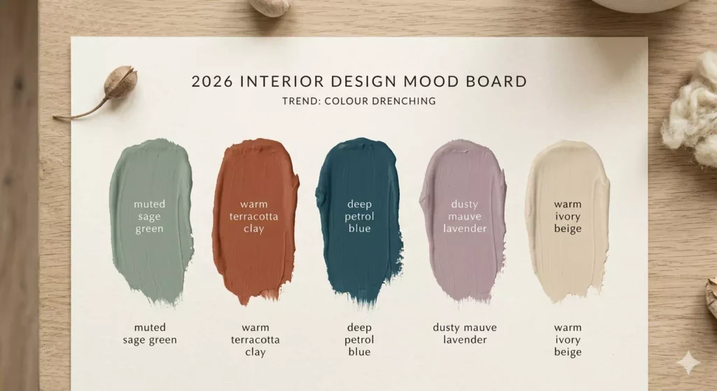 palette colori colour drenching 2026 verde salvia terracotta blu petrolio lilla beige