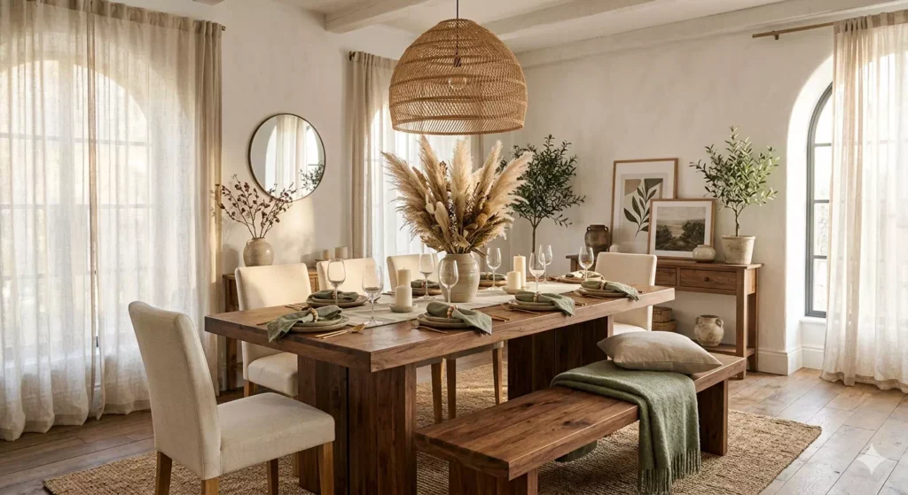 sala da pranzo moderna con tavolo in legno massello sedie in lino e lampadario in rattan