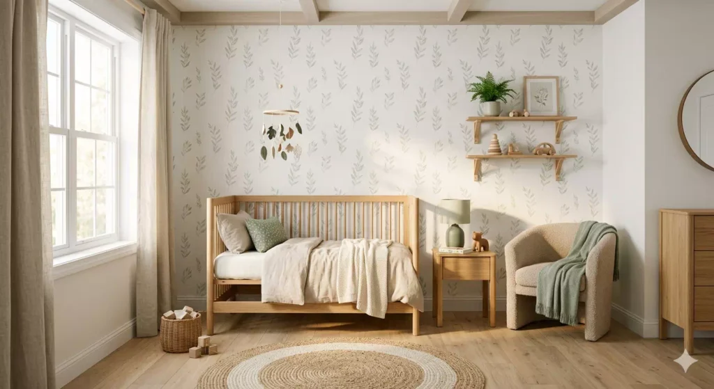 cameretta bambini stile scandinavo con lettino in legno e
tappeto beige