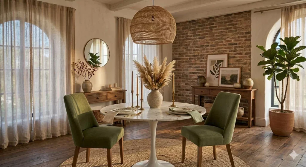 angolo sala da pranzo con tavolo rotondo sedie
verde salvia e pianta ficus benjamin