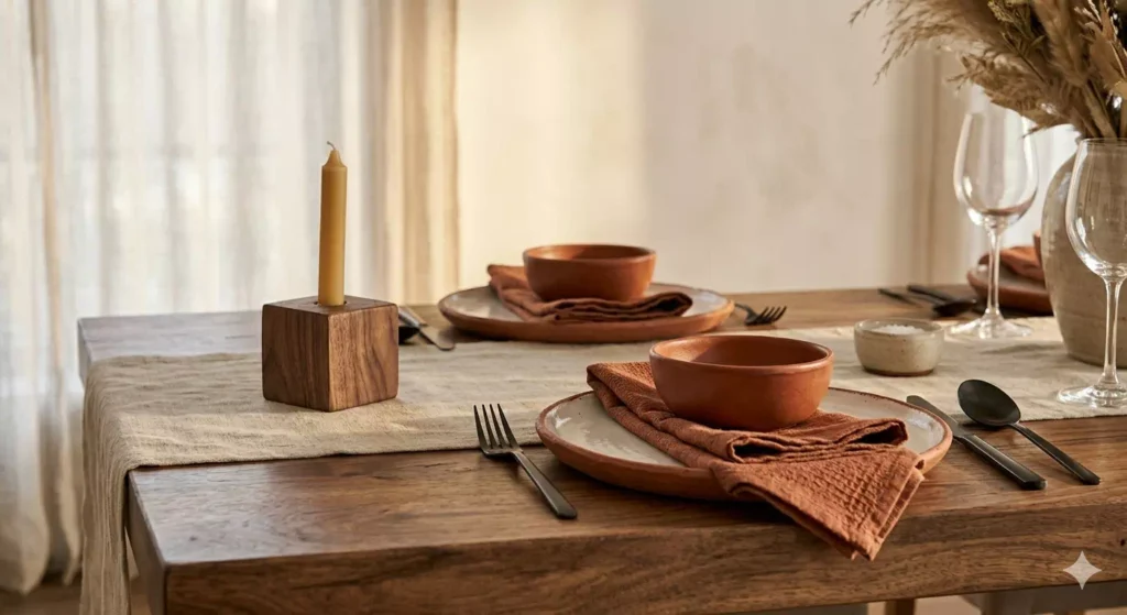 tavolo sala da pranzo apparecchiato con stoviglie in
ceramica e centrotavola in legno stile rustico moderno