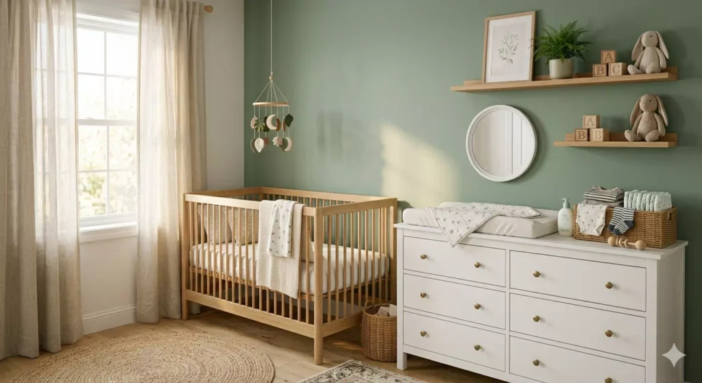 lettino in legno naturale con cassettiera fasciatoio in cameretta neonato