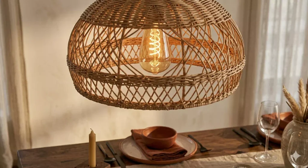 lampadario a sospensione in rattan sopra tavolo sala da
pranzo luce calda serale