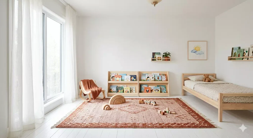 tappeto morbido in cameretta bambini 1-3 anni con
libreria bassa in legno