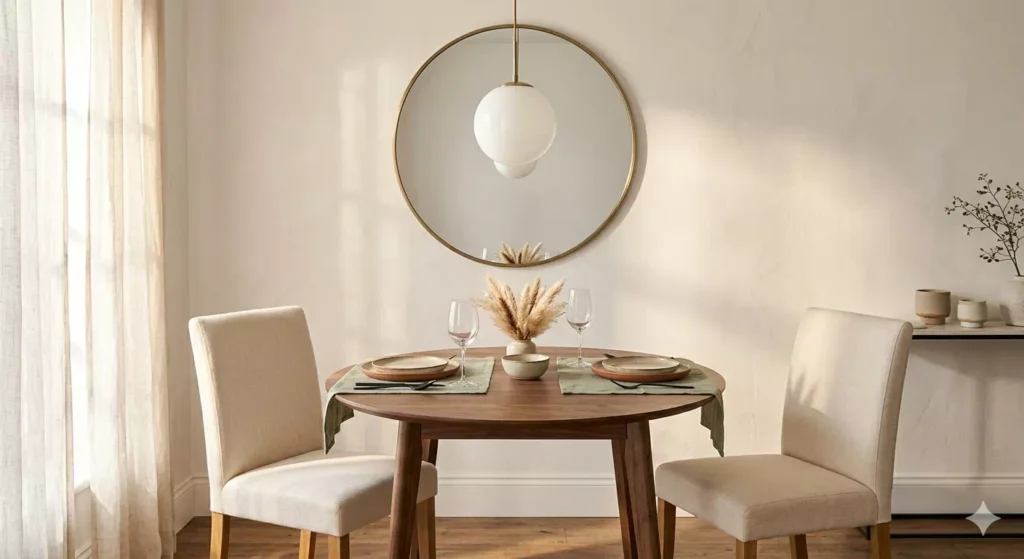 sala da pranzo piccola con tavolo rotondo in legno
specchio grande e sedia di design