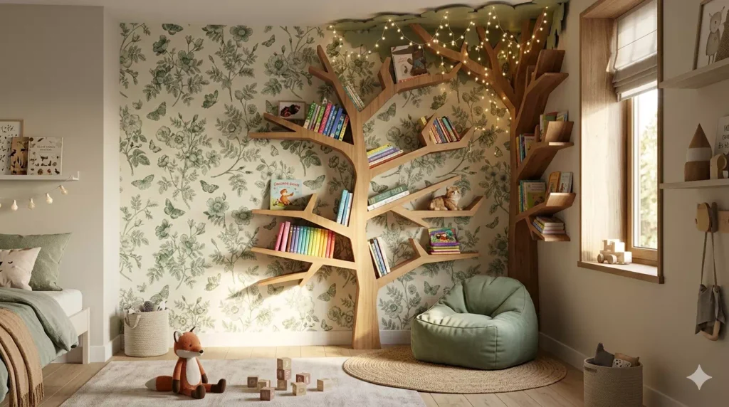 angolo lettura cameretta bambini con libreria ad albero
in legno e poltrona verde