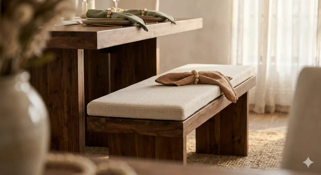 panca in legno con cuscino in lino sotto
tavolo rustico sala da pranzo