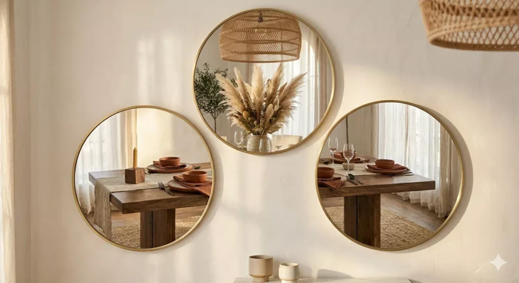 specchi rotondi dorati su parete sala da pranzo
composizione decorativa