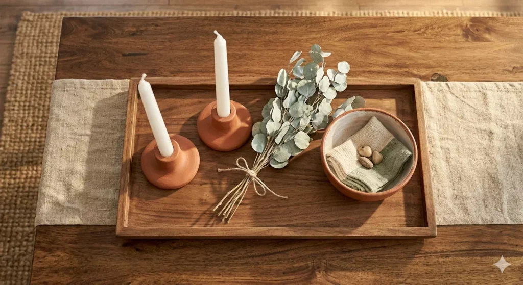 centrotavola sala da pranzo con candele
portacandele ceramica ed eucalipto secco