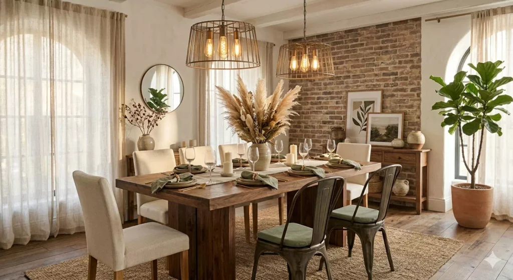 sala da pranzo stile rustico moderno con tavolo scuro sedie miste e mattoni a vista