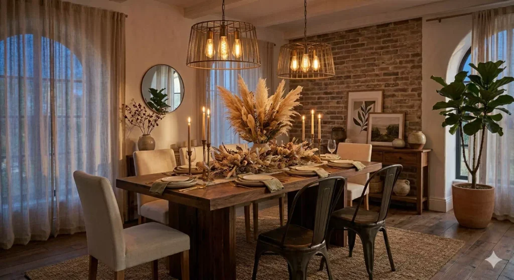 tavolo allungabile sala da pranzo apparecchiato per cena con candele e composizione floreale secca